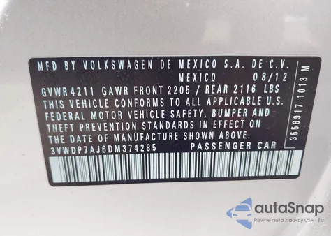 2013 Volkswagen Jetta 2.5L Se из США, поврежденный, VIN 3VWDP7AJ6DM374285